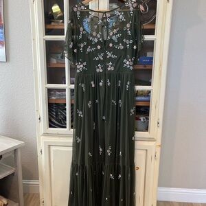 Embroidered Olive Green Maxi Dress with Sheer Yoke